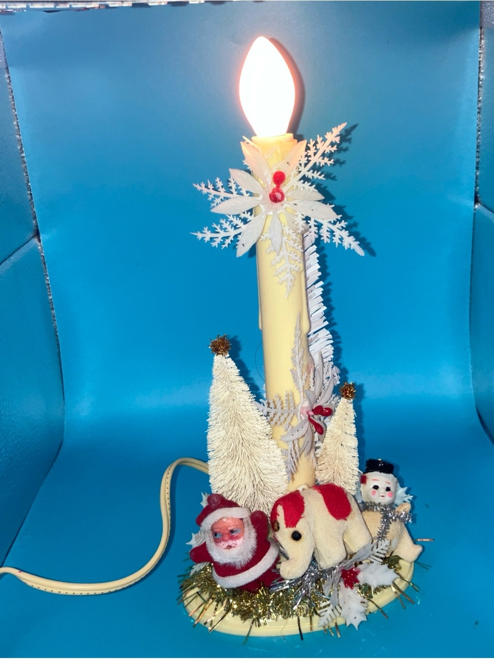 Vintage Cream Electric Candle Christmas Scene with Santa & Snowman